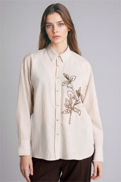 Relax Fıt Nakışlı Çizgili Gömlek
