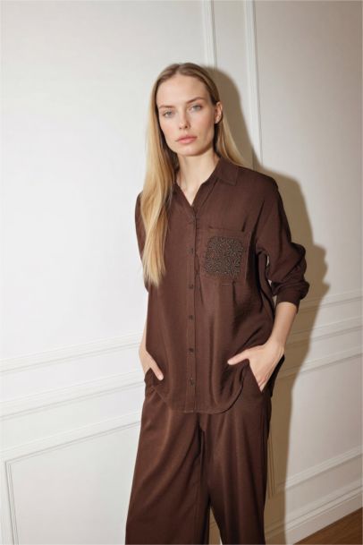 Relax Fit Shirt Collar Crinkle Fabric Long Sleeve Shirt