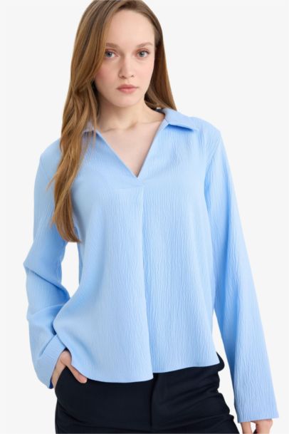 Relax Fit Waffle Textured Long Sleeve Blouse
