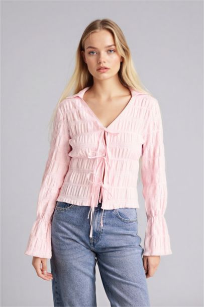 Regular Fıt Gömlek Yaka Dokulu Uzun Kollu Bluz