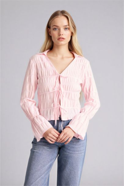 Regular Fıt Gömlek Yaka Dokulu Uzun Kollu Bluz