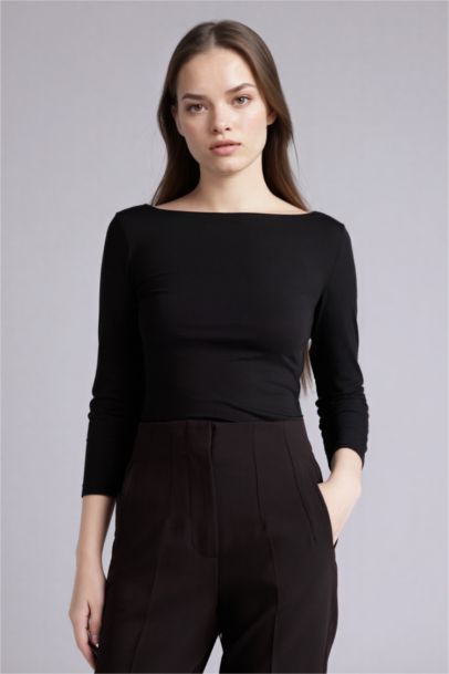 Slım Fıt Kayık Yaka Uzun Kollu Tişört