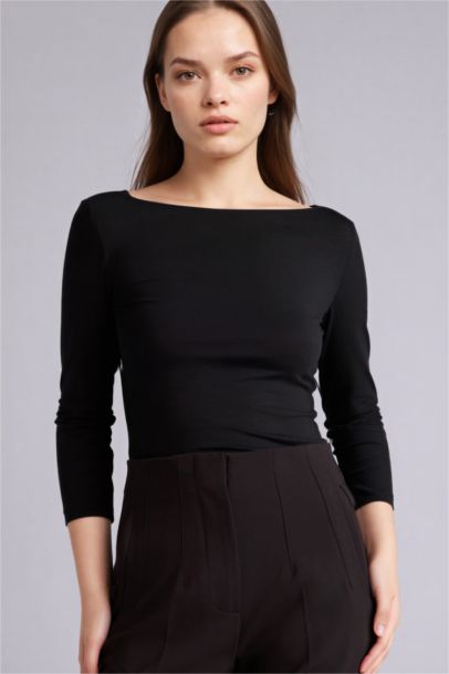 Slım Fıt Kayık Yaka Uzun Kollu Tişört