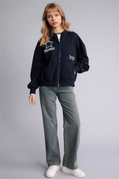 Oversıze Kapüşonlu Baskılı Fermuarlı Sweatshirt