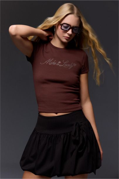 Fıtted Bisiklet Yaka Baskılı Ribana Kısa Kollu Tişört