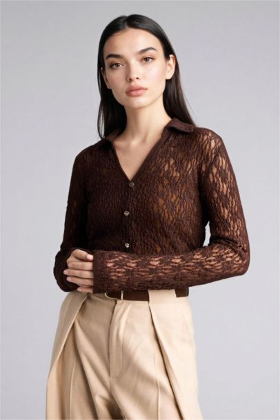 Slim Fit Shirt Collar Lace Long Sleeve Shirt