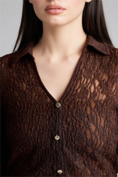 Slim Fit Shirt Collar Lace Long Sleeve Shirt
