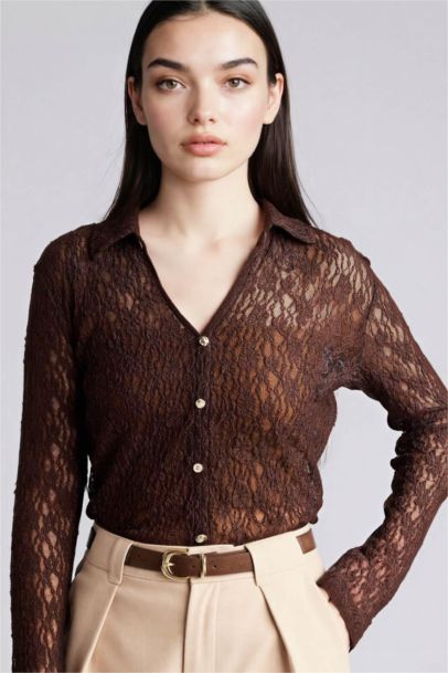 Slim Fit Shirt Collar Lace Long Sleeve Shirt
