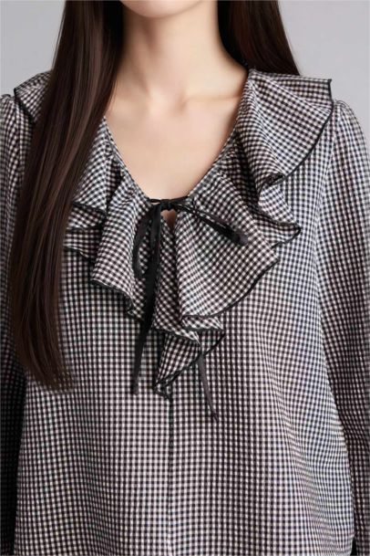 Regular Fit V-Neck Plaid Long Sleeve Blouse