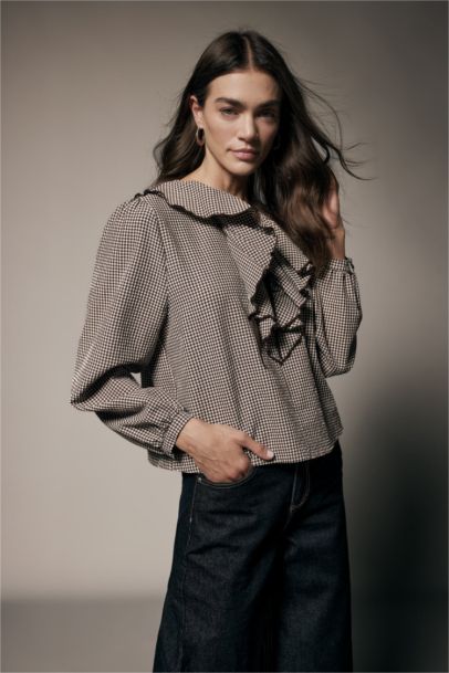 Regular Fit V-Neck Plaid Long Sleeve Blouse