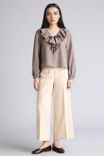 Regular Fit V-Neck Plaid Long Sleeve Blouse