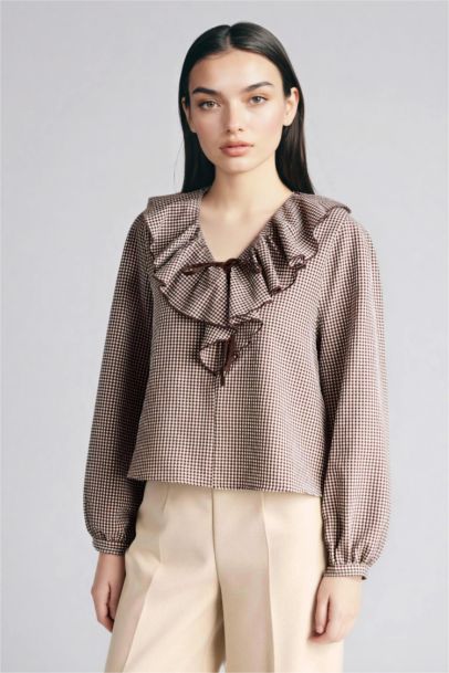 Regular Fit V-Neck Plaid Long Sleeve Blouse