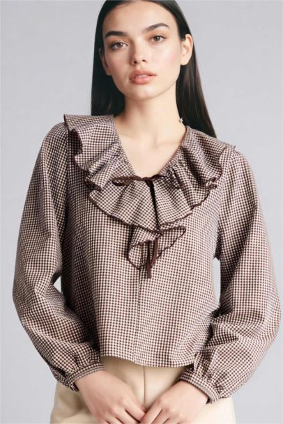 Regular Fit V-Neck Plaid Long Sleeve Blouse