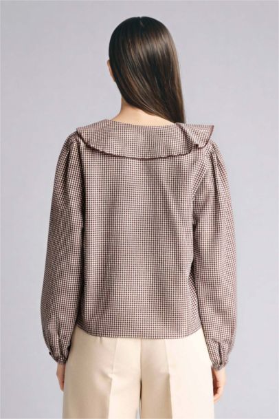 Regular Fit V-Neck Plaid Long Sleeve Blouse