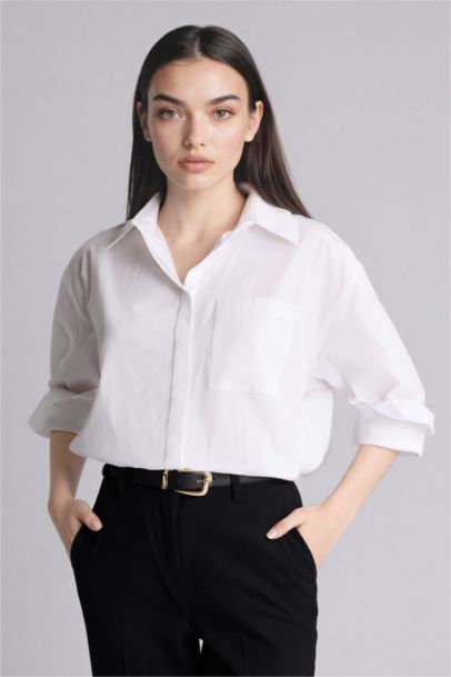 Oversize Fit Shirt Collar Poplin Long Sleeve Shirt