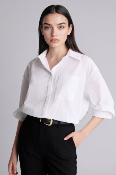 Oversize Fit Shirt Collar Poplin Long Sleeve Shirt