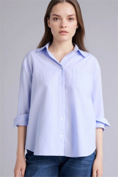Oversize Fit Shirt Collar Oxford Striped Long Sleeve Shirt