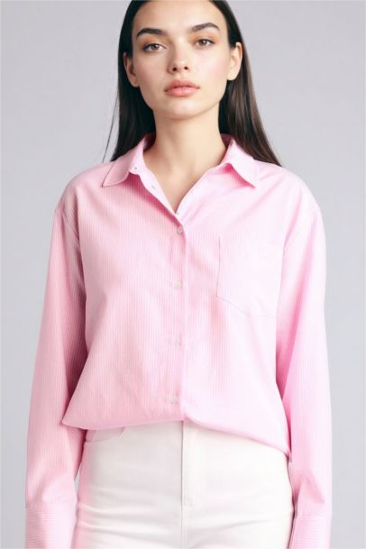 Oversize Fit Shirt Collar Oxford Striped Long Sleeve Shirt