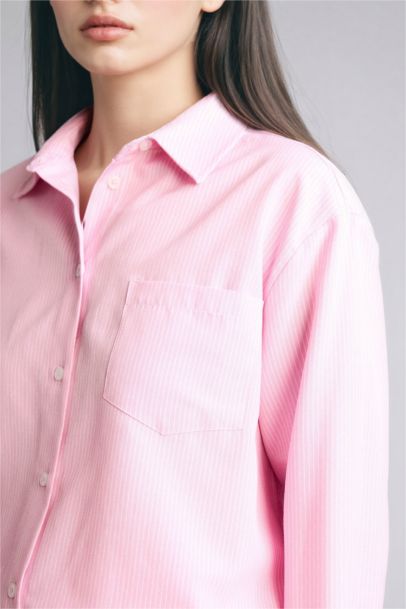 Oversize Fit Shirt Collar Oxford Striped Long Sleeve Shirt