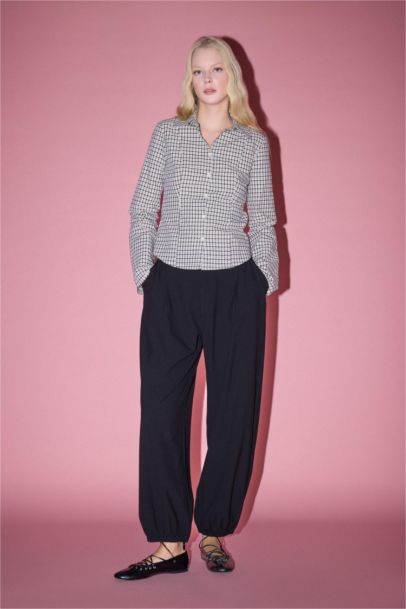 Fitted Shirt Collar Checked Long Sleeve Shirt