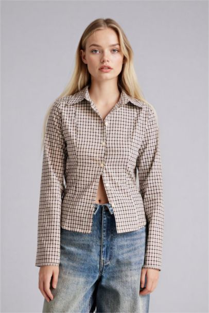 Fitted Shirt Collar Checked Long Sleeve Shirt