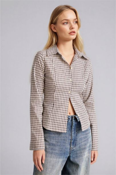 Fitted Shirt Collar Checked Long Sleeve Shirt