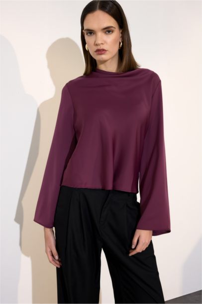 Regular Fit V-Neck Satin Long Sleeve Blouse