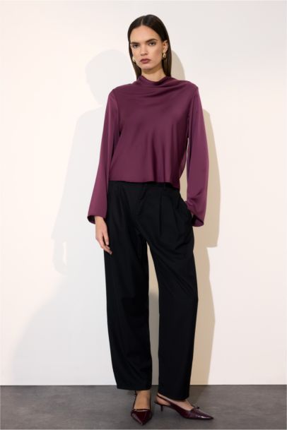 Regular Fit V-Neck Satin Long Sleeve Blouse