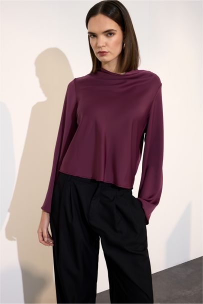 Regular Fit V-Neck Satin Long Sleeve Blouse