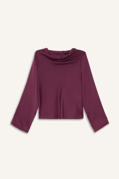 Regular Fit V-Neck Satin Long Sleeve Blouse