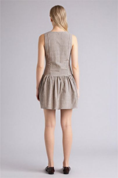 Crew Neck Plaid Cotton Mini Dress