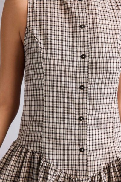 Crew Neck Plaid Cotton Mini Dress