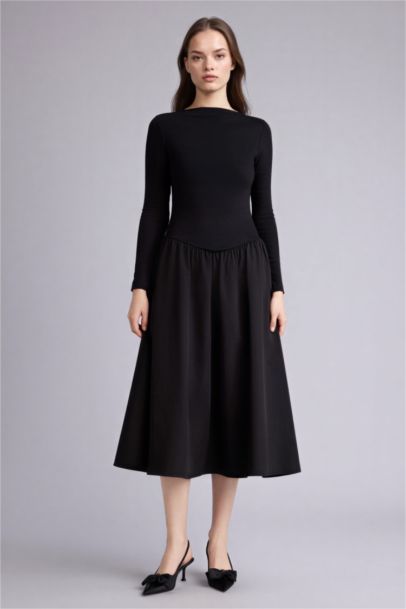 Boat Collar Poplin Midi Dress