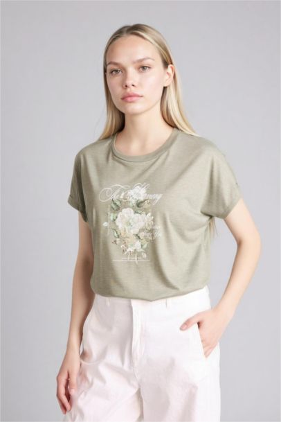 Bisiklet Yaka Çiçekli Kısa Kollu Tişört