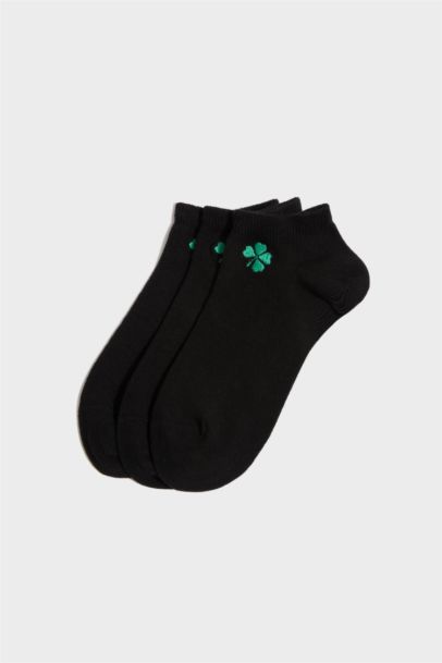 Kadın Nakışlı Dikişsiz 3'lü Pamuklu Patik Çorap