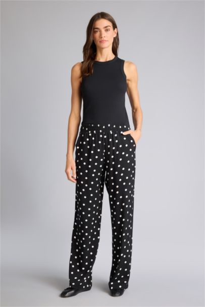 Wıde Leg Puantiyeli Yüksek Bel Viskon Pantolon