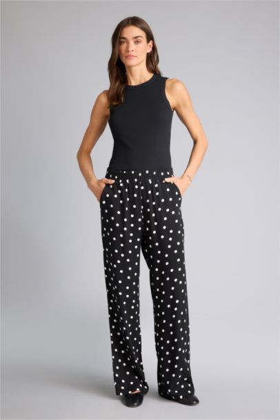 Wıde Leg Puantiyeli Yüksek Bel Viskon Pantolon
