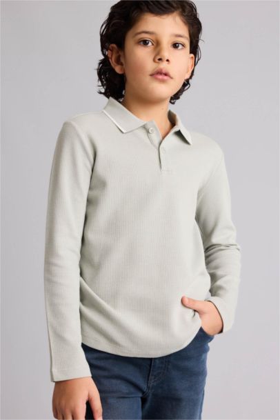 Regular Fıt Polo Yaka Waffle Uzun Kollu Polo Tişört Erkek Çocuk