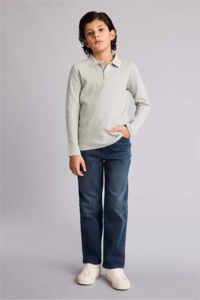 Regular Fıt Polo Yaka Waffle Uzun Kollu Polo Tişört Erkek Çocuk