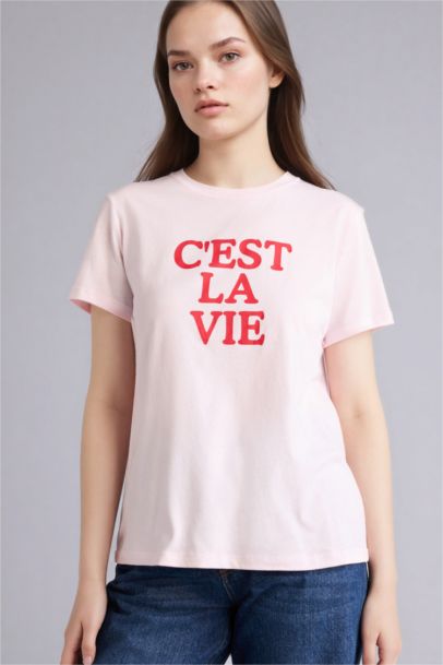 Slogan Baskılı Penye Kısa Kollu Tişört