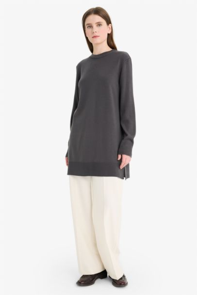 Regular Fit Slit Basic Long Sleeve Tunic