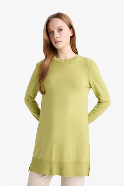 Regular Fit Crew Neck Slit Basic Knit Pullover Tunic