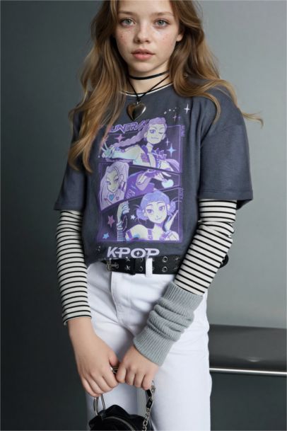 تيشيرت بناتي قصة مريحة من فرقة كيبوب ديمون هانترز