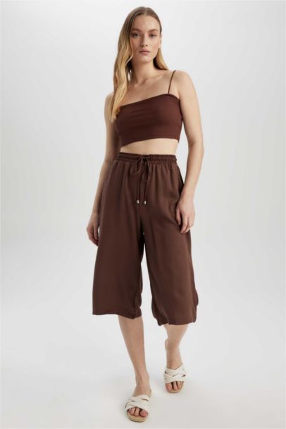 Relax Fit High Waist Lace Up Viscose Capri Trousers