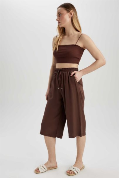 Relax Fit High Waist Lace Up Viscose Capri Trousers