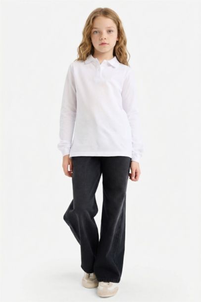 Polo Yaka Basic Düz Pike Uzun Kollu Okul Tişörtü Kız Çocuk