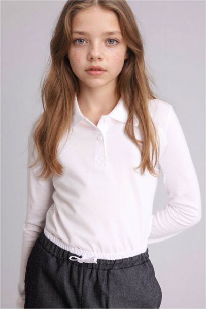 T-shirt polo basique en piqué blanc à manches longues pour fille