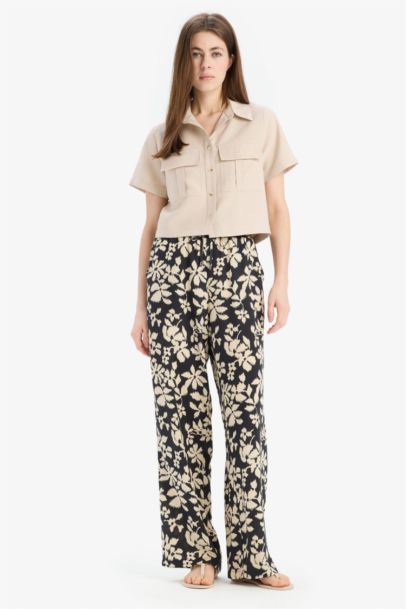 Florida Desenli Viskon Kumaş Palazzo Pantolon Cepli Yüksek Bel Geniş Paça