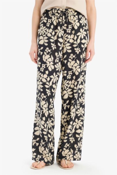 Florida Desenli Viskon Kumaş Palazzo Pantolon Cepli Yüksek Bel Geniş Paça