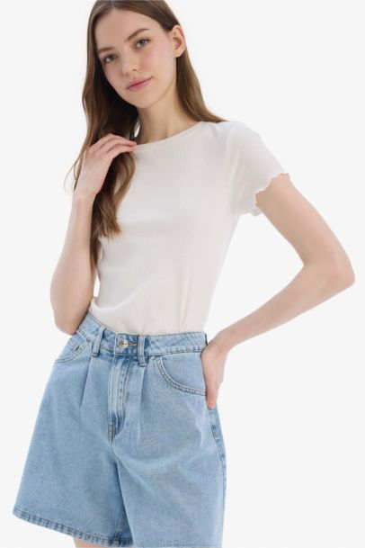 Fitted Crew Neck Basic Ribbed T-Shirt